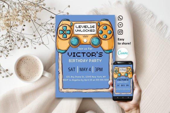 Create H1 From Modern Video Game Aqua Kids Invitation